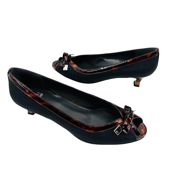 STUART WEITZMAN Fabric Open Toe Heel Patent Leather Tortoise Trim Size 8.5N - Picture 1 of 7
